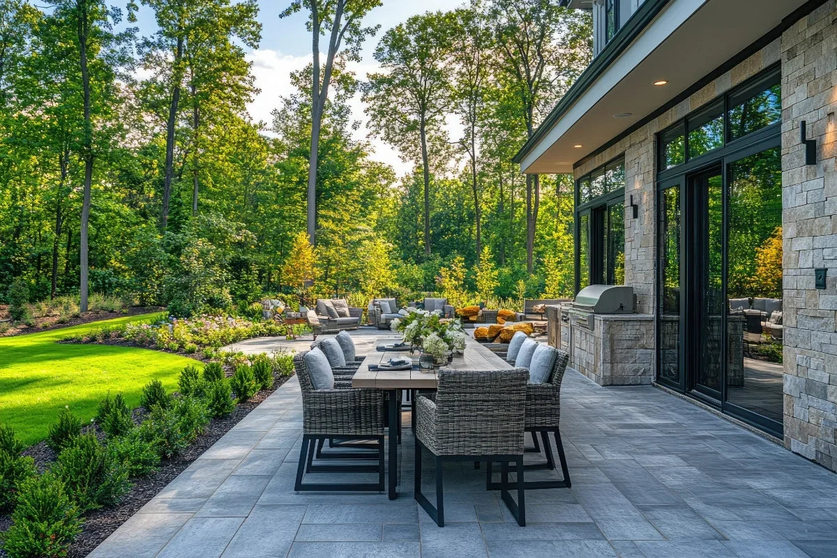 photo of backyard patio with dining table and outdoor kitchen