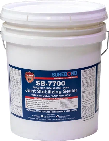 White bucket of Surebond SB-7700 joint stabilizing sealer with a blue label.
