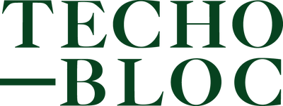 Logo of Techo Bloc with green text on a white background